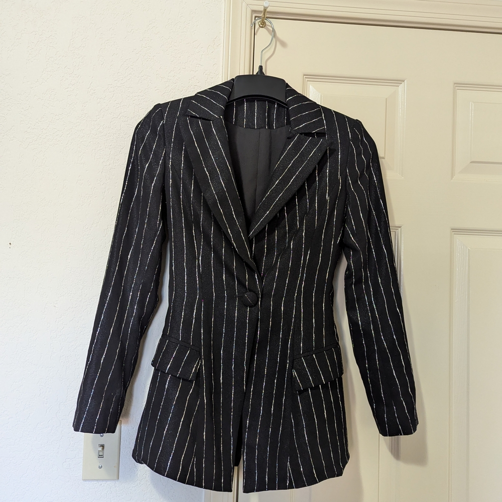 Christian Siriano Designer Black Silver Metallic Pinstripe Blazer Women’s Jacket - Picture 4 of 9